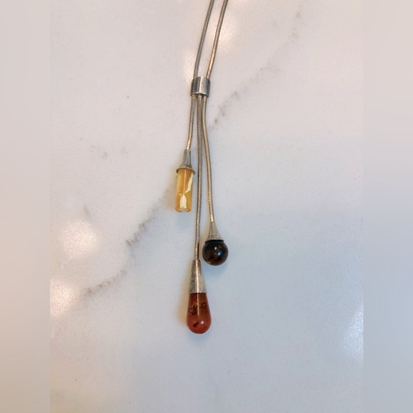 Sterling silver lariat necklace with amber beads - Picture 2 of 2